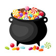 Halloween candies in witches cauldron. Vector illustration.