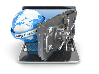 Poster - Internet security. Laptop and opening safe deposit box's door.
