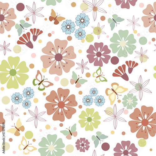 Obraz w ramie Flowers and butterflies seamless - illustration, vector