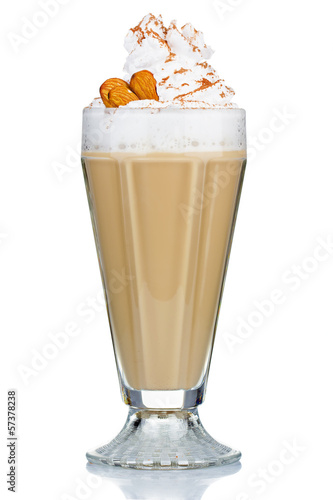 Naklejka - mata magnetyczna na lodówkę Coffee cocktail with cream and almonds isolated on white