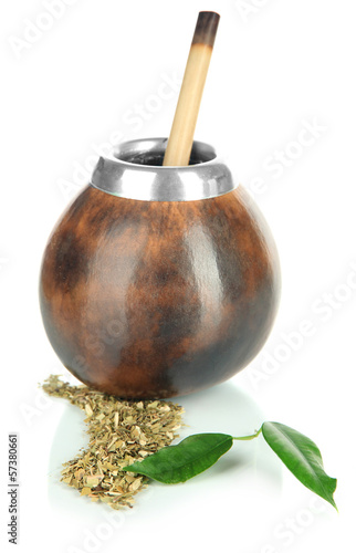 Obraz w ramie Calabash and bombilla with yerba mate isolated on white