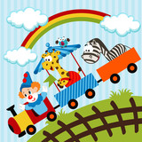 clown and animals traveling train - vector illustration