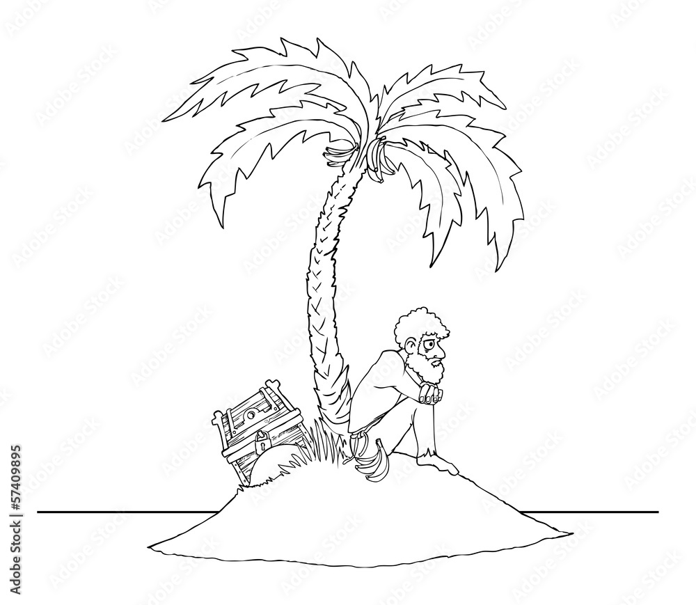 Lonely man on a deserted island, black and white outline, Stock Vector |  Adobe Stock, image size:1000x869