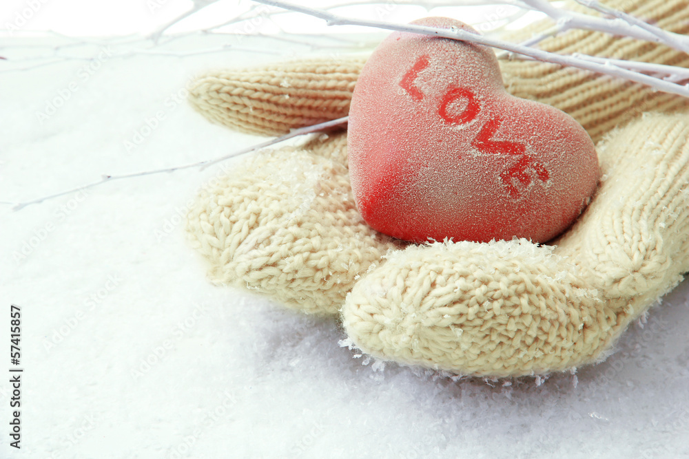 Female hands in mittens with red heart, close-up