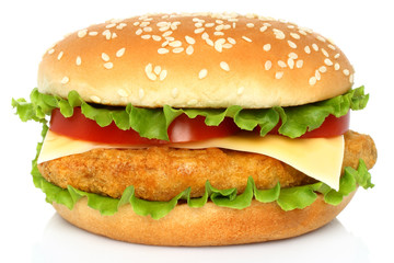 Big chicken hamburger on white background.