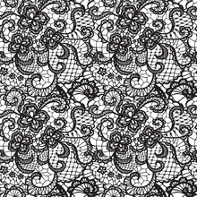 Lace Black Seamless Pattern With Flowers On White Background
