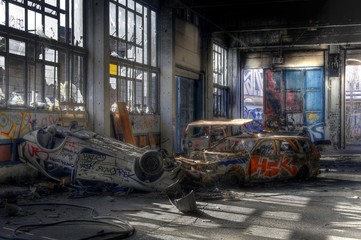Wall Mural - Old cars in an abandoned hall