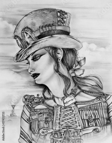 Obraz na płótnie canvas trzyczęściowy "tryptyk" Steampunk kobieta