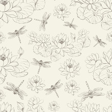 Seamless Pattern Lotus Flower And Dragonfly