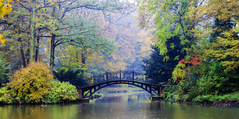 Poster - Autumn - Old bridge in autumn misty park