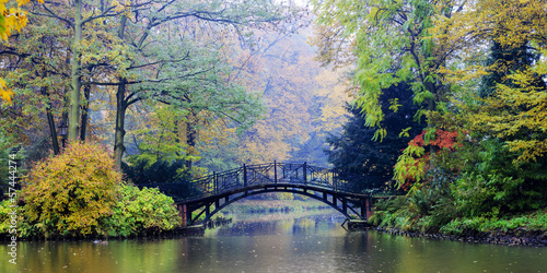 Obraz w ramie Autumn - Old bridge in autumn misty park