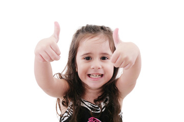 Close up portrait of cute girl showing thumbs up.Isolated on whi