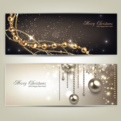 Wall Mural - Elegant christmas banners with golden baubles and stars. Vector