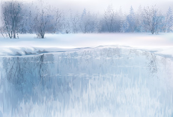 Wall Mural - vector of winter scene with river and forest background.