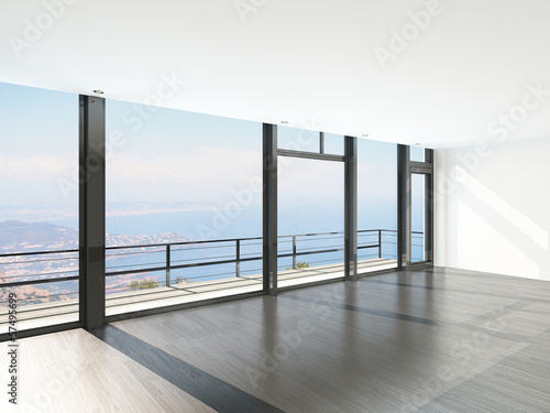 Fototapeta na wymiar Empty room interior with floor to ceiling windows and scenic vie