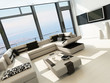 Modern white living room interior with splendid seascape view