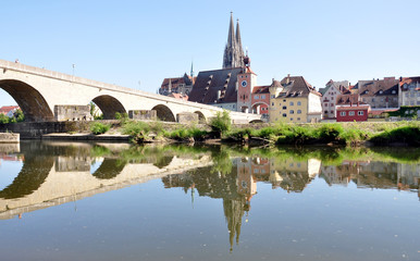 Canvas Print - City Regensburg and Old Bridge, Germany, Europe