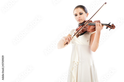 Beautiful young woman playing violin over white - Buy this ...