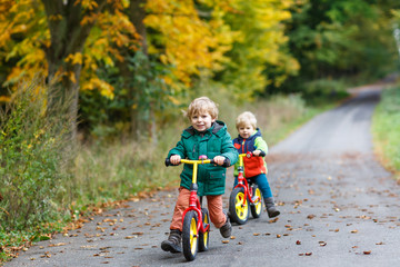 Wall Mural - Two little siblings having fun on bikes in autumn forest.