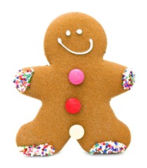 Single Christmas gingerbread man cookie isolated on white