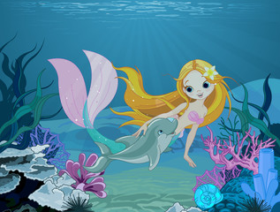 Sticker - Mermaid and dolphin background