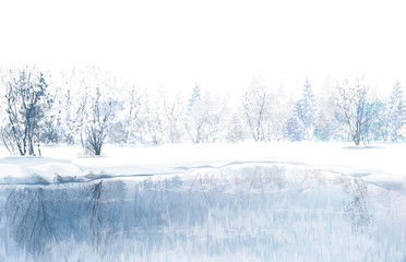 Wall Mural - vector of winter scene with river and forest background.