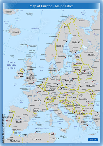 Fototapeta na wymiar Map of Europe - Major Cities