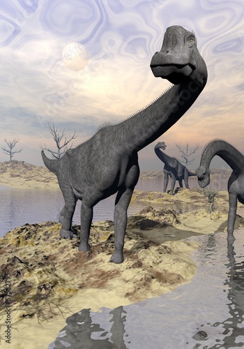 Fotoboard na płycie Brachiosaurus dinozaury w pobliżu wody - 3d render