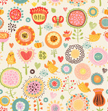 Floral background with birds seamless pattern