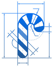 Wall Mural - Christmas candy cane symbol with dimension lines of blueprint