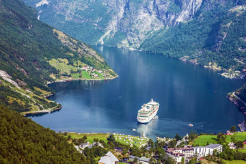 Cruise ship into Geiranger port, Norway.