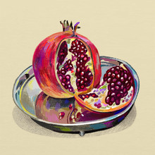 Original Digital Painting Of Pomegranate On A Silver Dish