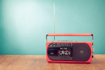 Wall Mural - old retro red radio cassette recorder on table