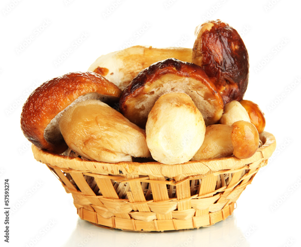 Fresh mushrooms in basket isolated on white