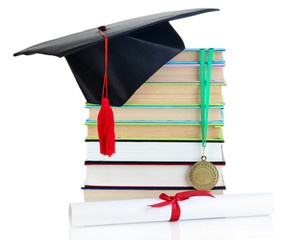 Poster - Medal for achievement in education with diploma, hat and books