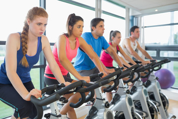 Wall Mural - Determined people working out at spinning class