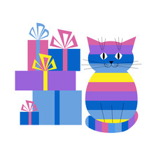 Card With A Cat And Gifts