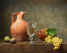 Still Life With White Wine And Grapes