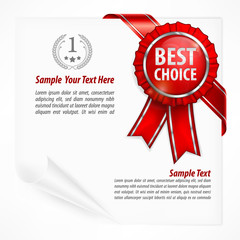 Wall Mural - Red award label with ribbon on white paper sheet