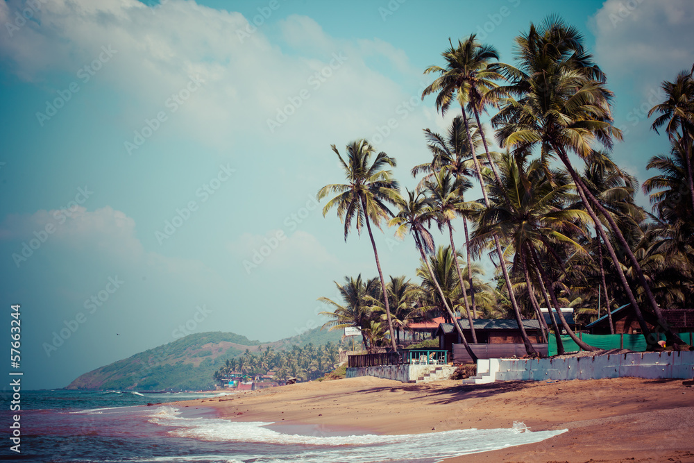 Exiting Anjuna beach panorama on low tide,Goa,India - obrazy, fototapety, plakaty 