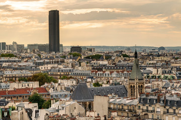 Paris skyline at sunset, France. Maine-Montparnasse Tower in distance.