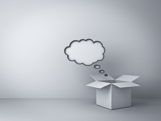 Fototapete - Opened box with thought bubble over empty white wall background