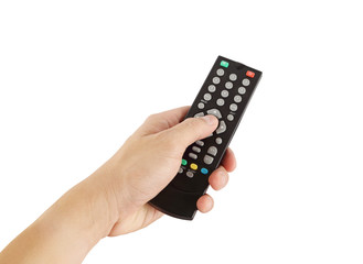 Poster - hand with remote control on white background