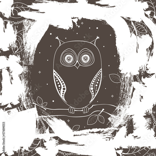 Fototapeta na wymiar Decorative vector black and white owl on a tree branch