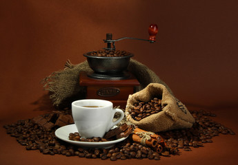 Canvas Print - cup of coffee, grinder, turk and coffee beans