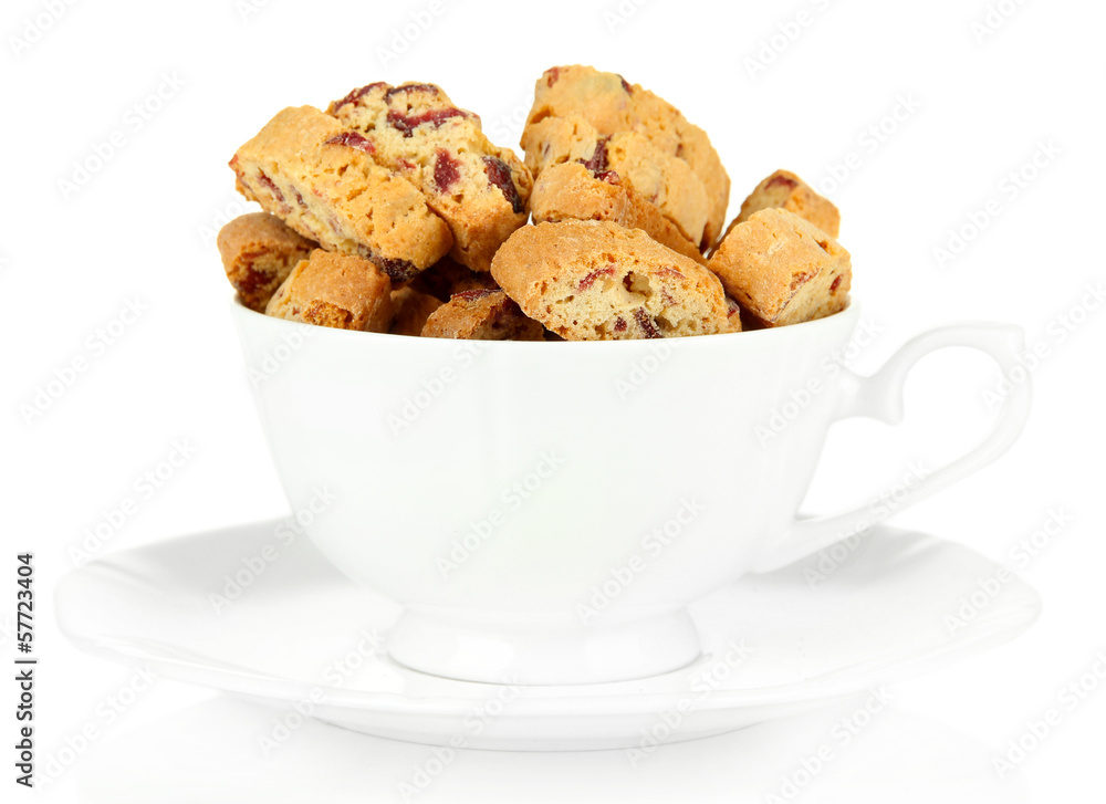 Tasty cookies in cup isolated on white