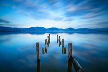 Wooden Pier Or Jetty Remains On Lake. Versilia Tuscany, Italy
