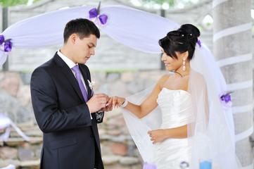 Groom putting a wedding ring on a bride's finger