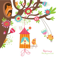 Fototapete - Floral background with birds
