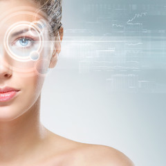 an attractive woman with a laser hologram on her eyes